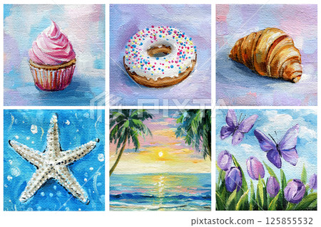 Sweet cupcake, donut, croissant acrylic painting, Set bakery dessert pastel textured, Tropical Sunset Starfish on canvas Sweet cupcake, donut, croissant acrylic painting, Set bakery dessert pastel textured, Tropical Sunset Starfish on canvas 125855532