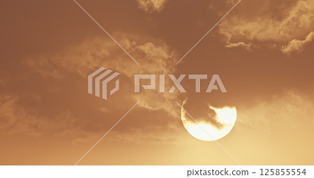 Big Sun Sundown. Bright Dramatic Sunset Sky Natural Background. Sunset Cloudy Sky. Bold Sunset In Yellow, Orange Colors Big Sun Sundown. Bright Dramatic Sunset Sky Natural Background. Sunset Cloudy Sky. Bold Sunset In Yellow, Orange Colors 125855554