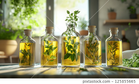 Organic herb-infused oils bottles with herbs inside 125855665