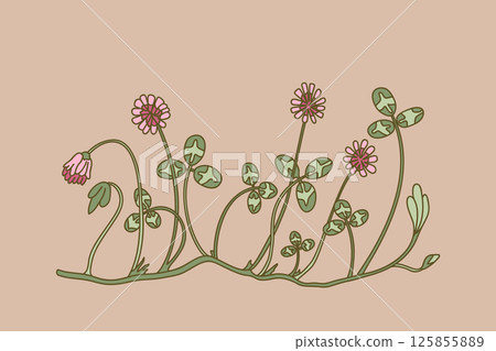 Botanical floral border isolated on beige background. Hand drawn doodle clover plant with pink Flowers Stems green Leaves vector illustration. Graphic design element for Birthday Wedding Greeting Card Botanical floral border isolated on beige background. Hand drawn doodle clover plant with pink Flowers Stems green Leaves vector illustration. Graphic design element for Birthday Wedding Greeting Card 125855889