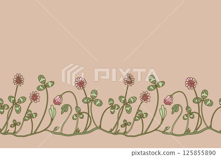 Botanical floral seamless border isolated on beige background. Hand drawn doodle clover plant with pink Flowers Stems green Leaves vector illustration. Graphic design element for Birthday Wedding Card Botanical floral seamless border isolated on beige background. Hand drawn doodle clover plant with pink Flowers Stems green Leaves vector illustration. Graphic design element for Birthday Wedding Card 125855890