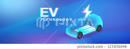 EV Technology concept with a transparent electric car showing battery pack structure and power symbol, highlighting innovation in clean energy and automotive design. 125856046