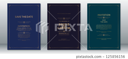 Elegant vintage wedding invitation card set in navy and gold 125856156