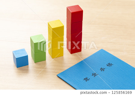Pension book and graph made from building blocks Pension book and graph made from building blocks 125856169