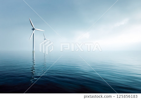Wind turbines standing in calm ocean water with misty sky for clean energy and sustainable environment concept. 125856183