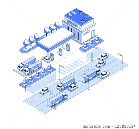 Gas station on the highway - vector isometric illustration 125856184