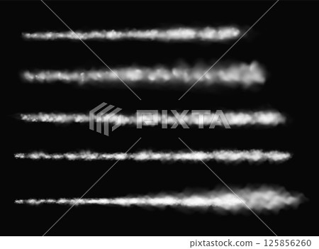 Smoke tail. Realistic white smoke plane track. Airplane, fly jets trail, speed cloud trails. Jet or rocket vapor steam tracks. Vector isolated set 125856260