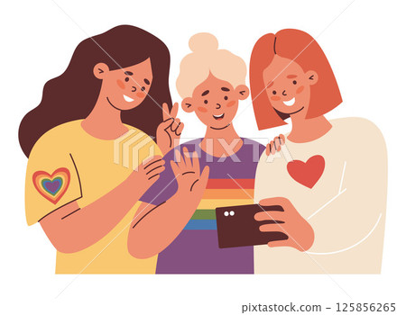 Diverse Smiling LGBT female Friends with Rainbow Symbols together Taking Selfie. LGBTQ support, celebrating love, identity and equality. Vector Illustration for Pride Month, unity and equal love 125856265