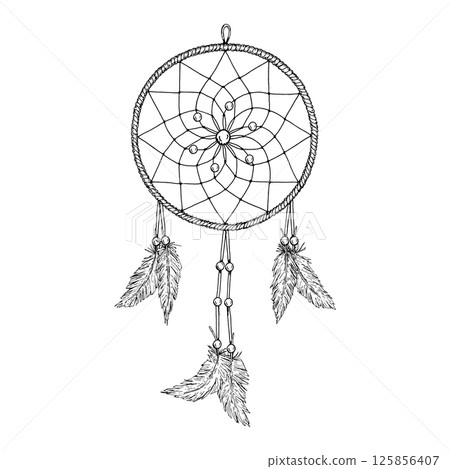 Hand drawn esoteric dreamcatcher with feathers and beads. Black and white vector illustration in engraving style. Suitable for posters, tattoo design, boho decor, and mystical art projects. Hand drawn esoteric dreamcatcher with feathers and beads. Black and white vector illustration in engraving style. Suitable for posters, tattoo design, boho decor, and mystical art projects. 125856407