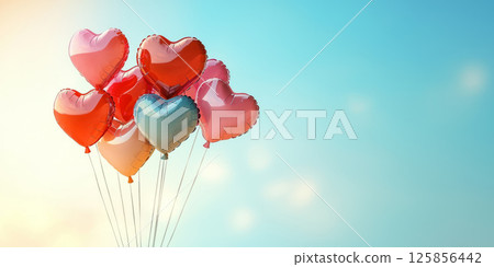 Heart balloons floating against a sky blue background, cheerful and love-themed 125856442