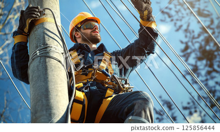 lineman in protective gloves, harness, and a hard hat, climbing a utility pole 125856444