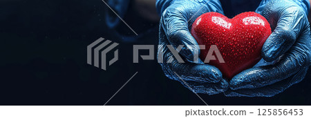 medical professional wearing gloves holds a red heart symbol, representing healthcare, compassion, organ donation, and cardiovascular health 125856453