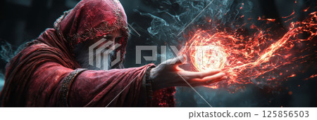 wizard casting a powerful spell, glowing magic energy in hands 125856503