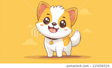 Flat cartoon style kawaii puppy wagging its tail with a joyful expression Flat cartoon style kawaii puppy wagging its tail with a joyful expression 125856529