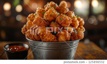 Delicious golden crispy fried chicken nuggets and wings in buckets 125856532
