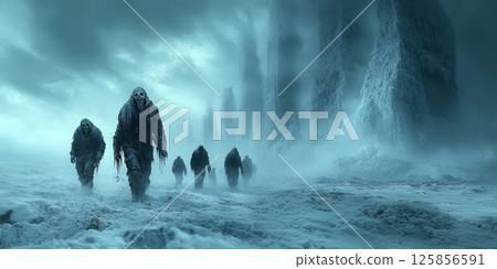 Frozen zombies trudging through a blizzard 125856591