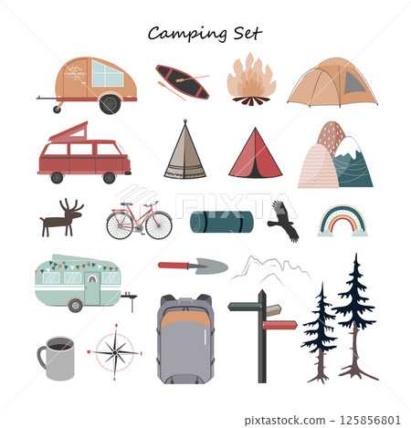 Camping objects icon set. Vector isolated illustration Camping objects icon set. Vector isolated illustration 125856801
