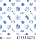 Seamless Nautical Pattern with Blue and White Marine Elements 125856878