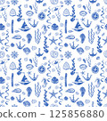 Seamless Nautical Pattern with Blue and White Marine Elements 125856880