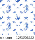 Seamless Nautical Pattern with Blue and White Marine Elements 125856882