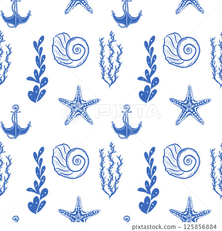 Seamless Nautical Pattern with Blue and White Marine Elements 125856884