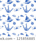 Seamless Nautical Pattern with Blue and White Marine Elements 125856885