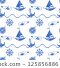 Seamless Nautical Pattern with Blue and White Marine Elements 125856886