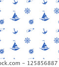 Seamless Nautical Pattern with Blue and White Marine Elements 125856887