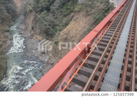 March 26 2025 Railroad Bridge Over a River Gorge with Lush Vegetation, Japan March 26 2025 Railroad Bridge Over a River Gorge with Lush Vegetation, Japan 125857390