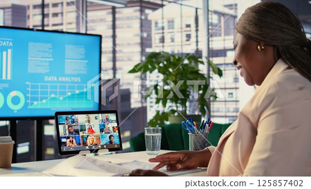 Skilled ambitious female CEO negotiating with shareholders on online conference, asking for funds to sustain an expansion project. Businesswoman director driven for success, leadership. Camera B. Skilled ambitious female CEO negotiating with shareholders on online conference, asking for funds to sustain an expansion project. Businesswoman director driven for success, leadership. Camera B. 125857402