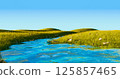Serene landscape with blue stream flows through rolling green hills covered in lush grass with scattered rocks and bright cloudless sky. Concept of travel, environment. Calming nature. 3d render. 125857465