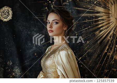 European girl gold dress stand against black wall of fluttering fabric and silk European girl gold dress stand against black wall of fluttering fabric and silk 125857539