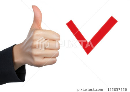 Businesswoman showing thumbs up approval, symbol of honesty and trust check sign 125857556