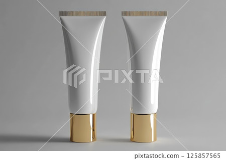 Two beauty package cosmetic tubes of white, cream, gold color mockup template Two beauty package cosmetic tubes of white, cream, gold color mockup template 125857565