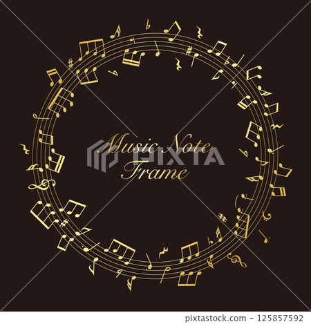 Music sheet frame on a black background: A vector illustration of golden music notes dancing around a circular staff 125857592