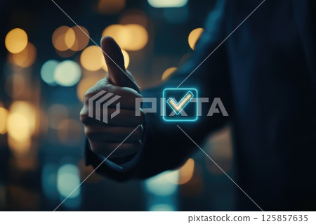 Businessman showing thumbs up, approval, symbol of honesty and trust, check sign Businessman showing thumbs up, approval, symbol of honesty and trust, check sign 125857635