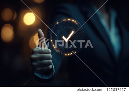 Businesswoman showing thumbs up approval, symbol of honesty and trust check sign Businesswoman showing thumbs up approval, symbol of honesty and trust check sign 125857657
