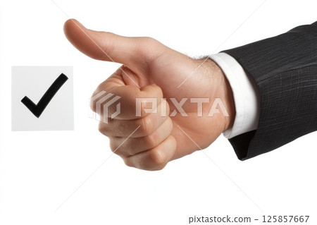 Businessman showing thumbs up, approval, symbol of honesty and trust, check sign Businessman showing thumbs up, approval, symbol of honesty and trust, check sign 125857667