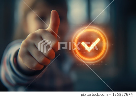 Child showing thumbs up approval, symbol of honesty and trust check sign 125857674