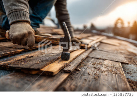 Construction worker using hammer on wooden roof structure 125857723