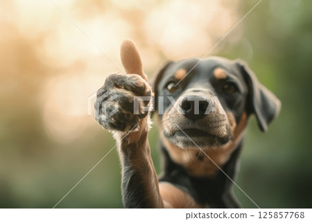 Dog showing thumbs up approval, symbol of honesty and trust check sign Dog showing thumbs up approval, symbol of honesty and trust check sign 125857768