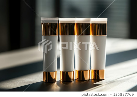 Three beauty package cosmetic tubes of white, cream, gold color mockup template 125857769