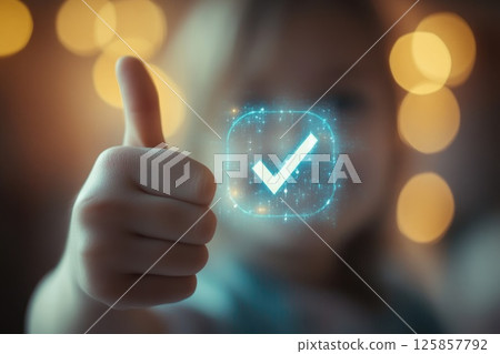 Child showing thumbs up approval, symbol of honesty and trust check sign 125857792