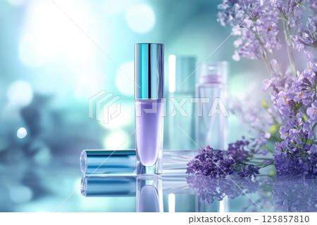 Package beauty cosmetic tube pastel violet purple coral, pink mockup flowers 125857810