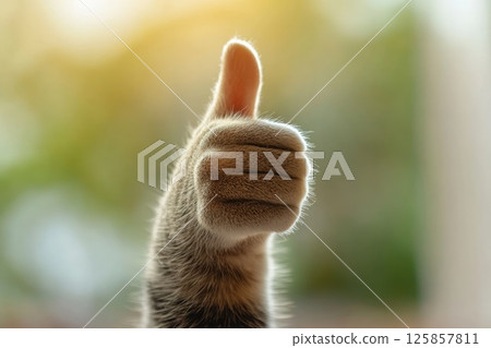 Cat showing thumbs up approval, symbol of honesty and trust check sign 125857811