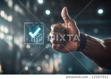 Sportsman showing thumbs up, approval, symbol of honesty and trust, check sign 125857812