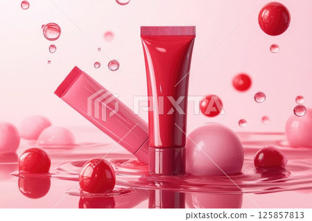 Two red, burgundy, cherry cosmetic tubes package mockup template with berries 125857813