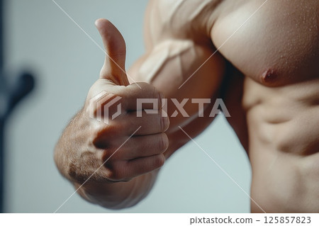 Sportsman showing thumbs up, approval, symbol of honesty and trust, check sign Sportsman showing thumbs up, approval, symbol of honesty and trust, check sign 125857823