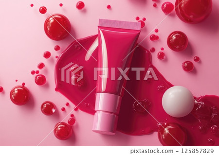 Top view red, burgundy cherry cosmetic tube package mockup template with berries Top view red, burgundy cherry cosmetic tube package mockup template with berries 125857829