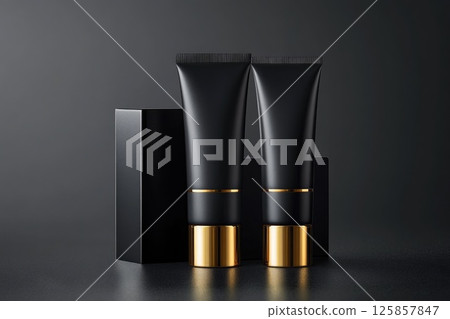 Top view of two beauty cosmetic tubes of black gold sripes splash premium mockup Top view of two beauty cosmetic tubes of black gold sripes splash premium mockup 125857847